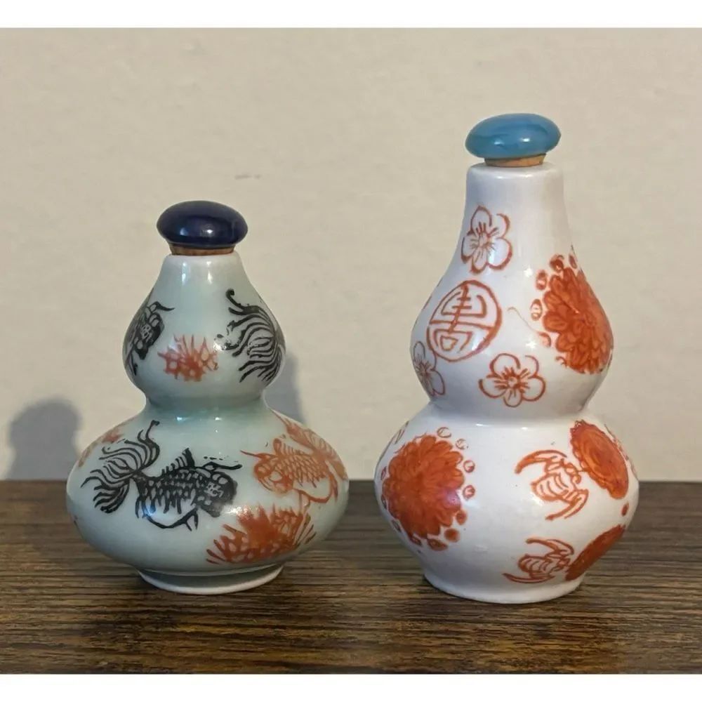 Antique Chinese Celadon Double Gourd Porcelain Snuff Bottles ~ Set of 2